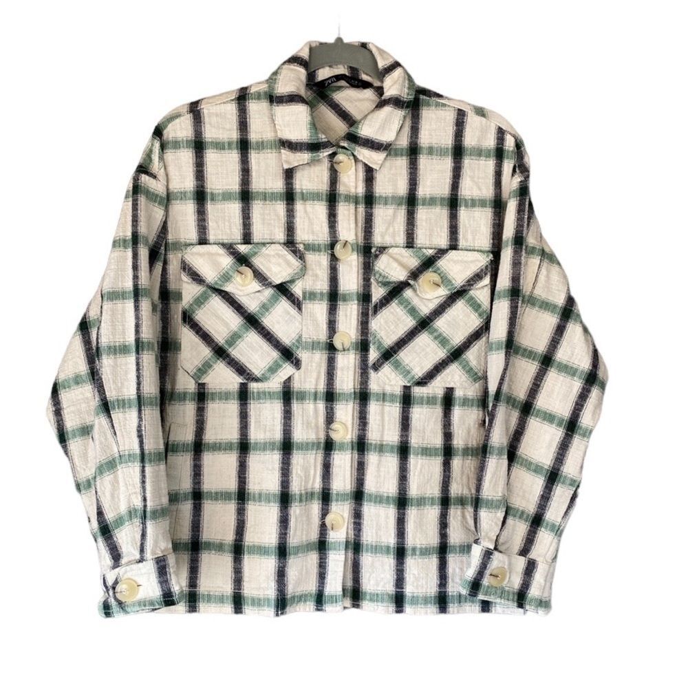 Zara Plaid Oversized Button Up Overshirt Shacket Sz S Cream Green